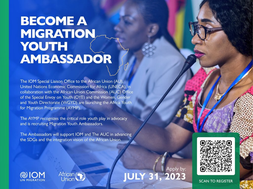 🚨IOM is recruiting Youth Ambassadors

If you’re a qualified youth who wants to become @UNmigration Youth Ambassador in #Africa, this is for you.

Interested youths should apply now:
shorturl.at/xBMW7

#1MNextLevel #IOM #AfricaYouthLed
