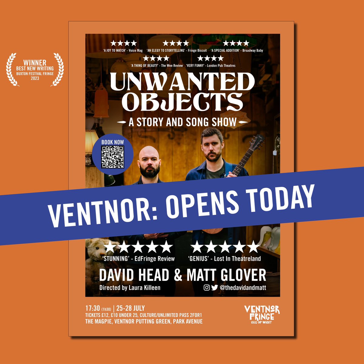 🧡🧸 Ventnor! Here we come! Opening is today!! ♟️🧡

📍Magpie <a href="/vfringe/">Ventnor Fringe</a> 
🕰️ 17:30
📖 🎼Stories and songs 

An exploration of sentimentality, our possessions and the meaning we attach to them. 

🎟️ Link in bio or on the door

🏆 WINNER Best New Writing Award, Buxton Fringe ‘23