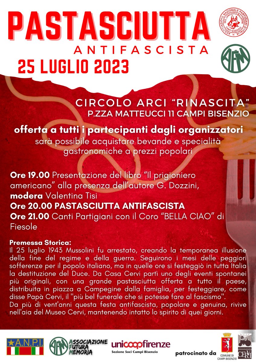 Oggi a Campi Bisenzio, per la pastasciutta antifascista dell'Anpi, col 'Prigioniero americano'.

#pastasciuttaantifascista
#25luglio1943
