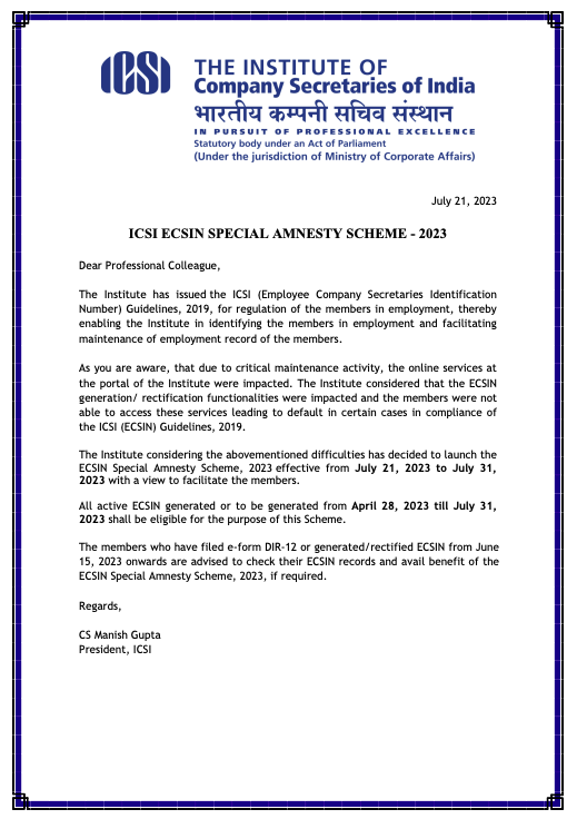 FCSJigarShah's tweet photo. ICSI announces #eCSin amnesty scheme 2023 - all eCSin generated or to be generated between April 28, 2023 to July 31, 2023 shall be eligible for the scheme.

#CSTwitter https://t.co/sl3fPU9lvr