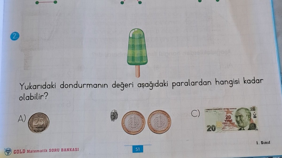 1. Sınıfı yeni bitiren yeğenim ile yeni nesil soru çözüyorduk.  Bu soruyu görünce sanırım bu kitap eski çünkü şuan dondurma 20 lira falandır dedi. Diyeceklerim bu kadar 😐😐