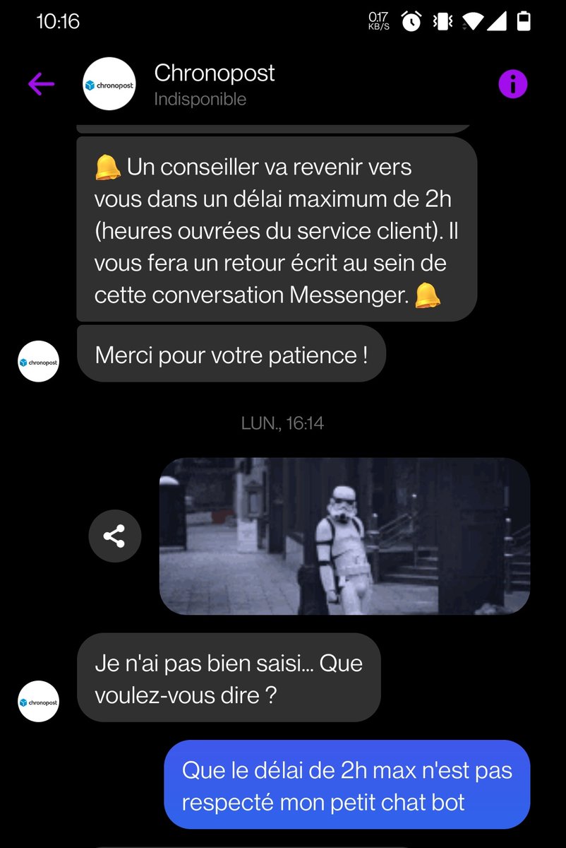 Machiav3l's tweet photo. @ChronopostSAV Il est où le colis?  Car qd le livreur appel pour dire qu'il arrive mais je se pointe jamais j'appelle ça un vol!
Et sinon fermais votre compte Messenger si c'est pour ne jamais répondre et respecter les délais que vous vous fixez a vous même! 
@Chronopost #honteux https://t.co/9Ok7ZFTmdn