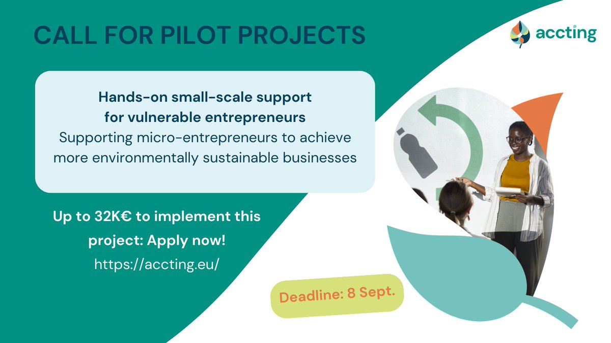 How to better support vulnerable #entrepreneurs in achieving environmental #sustainability❓

Up to 32K€ available for this pilot project to inspire micro-entrepreneurs to adopt environmentally-friendly practices in their businesses ♻️

👉 Find out more: bit.ly/3Q1UZry