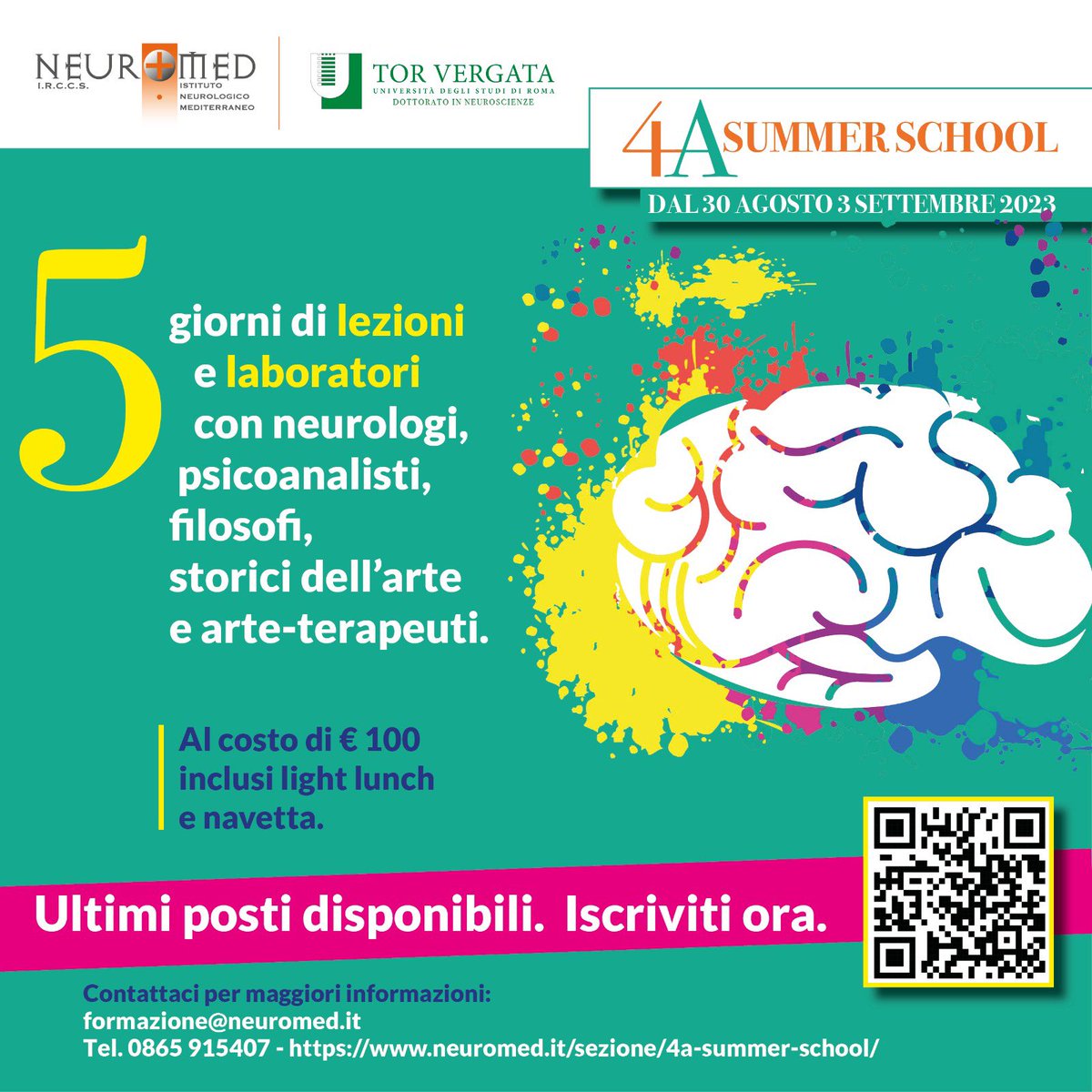 NeuromedIRCCS's tweet image. Partecipa a cinque giorni di lezioni e di laboratori con #neurologi, #psicoanalisti, #filosofi, #storici dell'arte e #arteterapeuti.
Ultimi posti disponibili! Partecipazione alla #4ASummerSchool  con sola quota di iscrizione di €100 inclusi light lunch e navetta