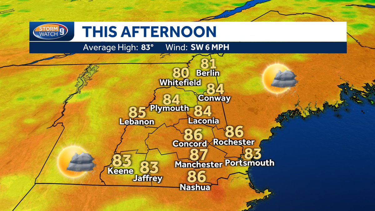 GM NH! 80s with more sunshine today, 20% chance of a storm after 3pm (https://t.co/o5E6vqsCGq). 80s with sunshine Wednesday then higher heat & humidity Thursday & Friday. Best storm chances will be late Thursday and again on Saturday. All the latest on Daybreak from 5-7am. #WMUR https://t.co/bunWfGr7NC