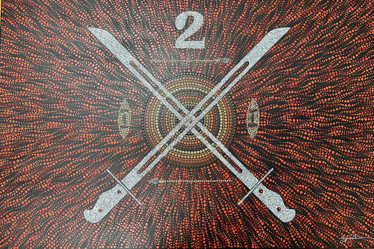 The 2nd Australian Division has an original artwork by talented indigenous artist Garry Purchase, depicting the Division patch, at its centre sits a meeting place representing home, two spears and shields for protection of country, earthy tones for all of Australia!