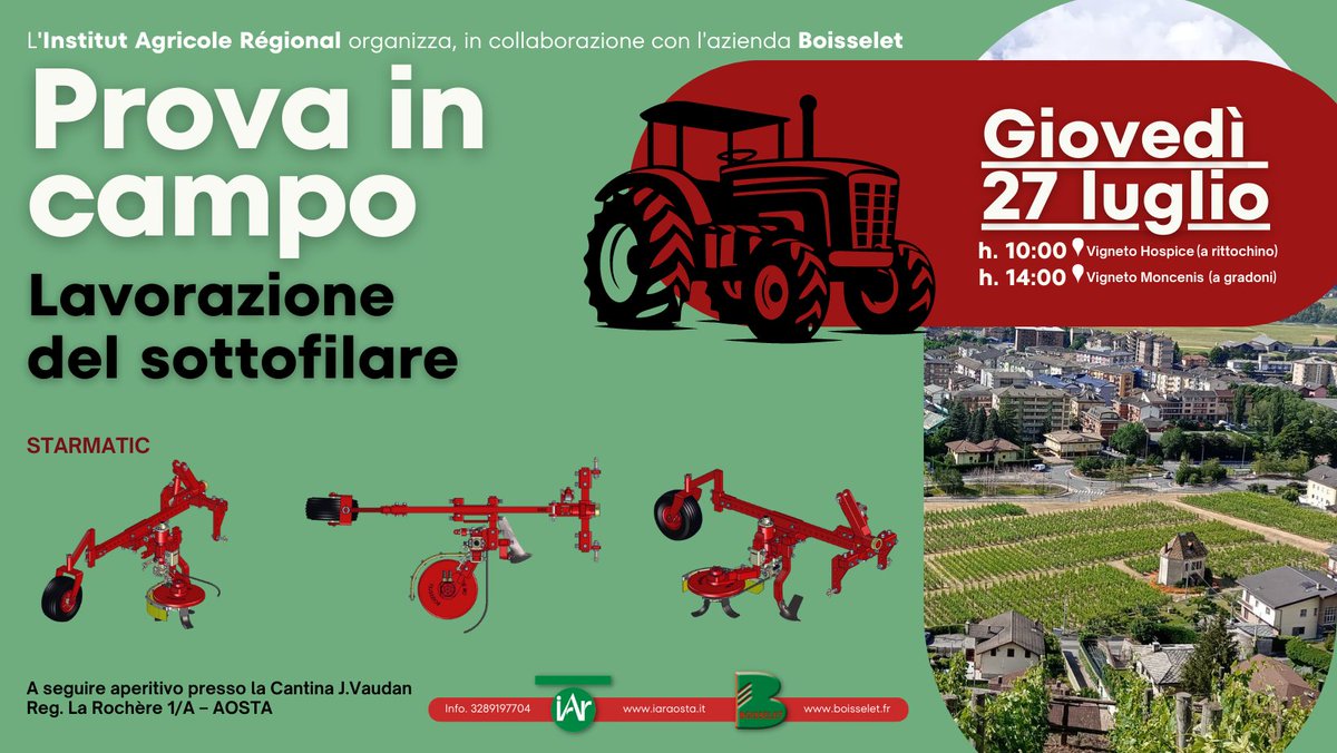𝗣𝗥𝗘𝗦𝗘𝗡𝗧𝗔𝗭𝗜𝗢𝗡𝗘 𝗗𝗘𝗟 𝗠𝗔𝗖𝗖𝗛𝗜𝗡𝗔𝗥𝗜𝗢 𝗦𝗧𝗔𝗥𝗠𝗔𝗧𝗜𝗖 
in collaborazione con l'azienda francese Boisselet

📅Giovedì 27
 ⏰Ore 10 e ore 14
📍presso i vigneti I.A.R: Hospice e Moncenis 

(segui la mappa iaraosta.it/produzione/la-…)