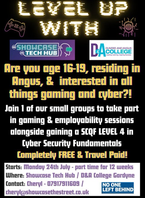 Last spaces remaining!

Exciting opportunity for young people in Angus with Showcase The Street.

For more information, contact Cheryl on 07917 911609 or email cheryl@showcasethestreet.co.uk