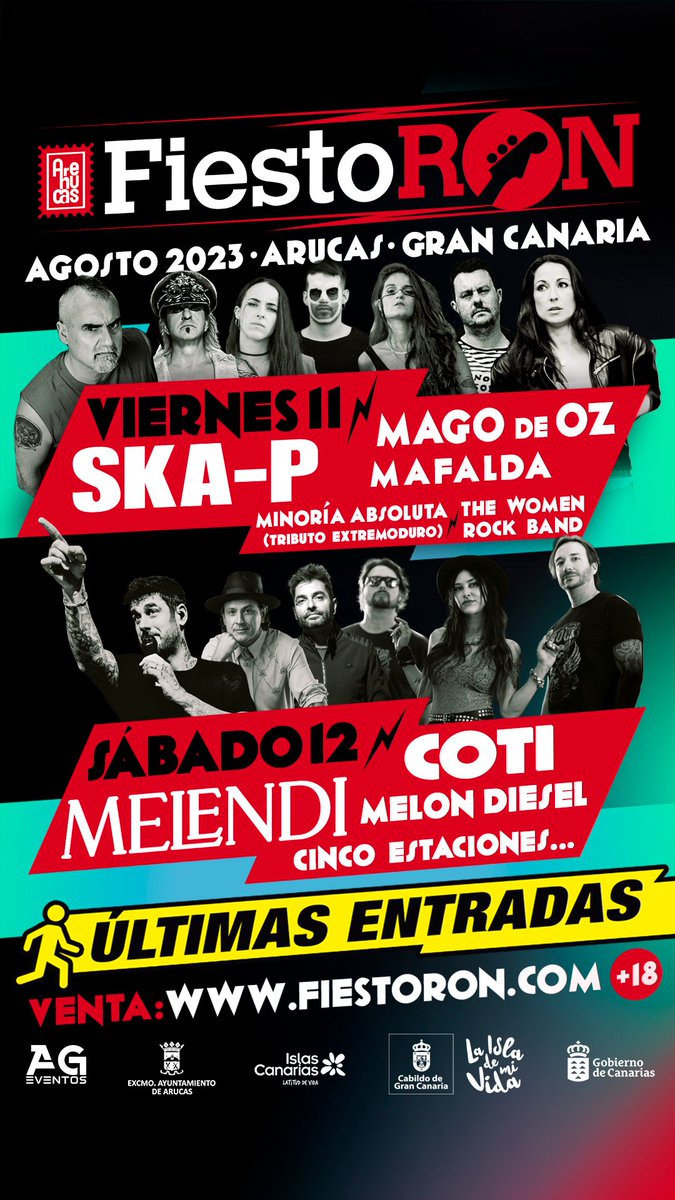 FiestoRon (@fiesto_ron) on Twitter photo ¡RUMBO AL #FIESTORON! Próximo viernes 11 y sábado 12 de agosto en Gran Canaria. FIESTORON.COM. 🔥DATE PRISA, ¡ÚLTIMAS ENTRADAS!
<a href="/MelendiOficial/">Melendi Oficial</a>, <a href="/skapoficial/">Ska-p</a> , <a href="/MAGODEOZOFIC/">MÄGO DE OZ OFICIAL</a>, <a href="/CotiOficial/">Coti Sorokin</a> y muchos más. #festivalfiestoron #islascanarias #GranCanaria ¡RUMBO AL #FIESTORON! Próximo viernes 11 y sábado 12 de agosto en Gran Canaria. FIESTORON.COM. 🔥DATE PRISA, ¡ÚLTIMAS ENTRADAS!
<a href="/MelendiOficial/">Melendi Oficial</a>, <a href="/skapoficial/">Ska-p</a> , <a href="/MAGODEOZOFIC/">MÄGO DE OZ OFICIAL</a>, <a href="/CotiOficial/">Coti Sorokin</a> y muchos más. #festivalfiestoron #islascanarias #GranCanaria