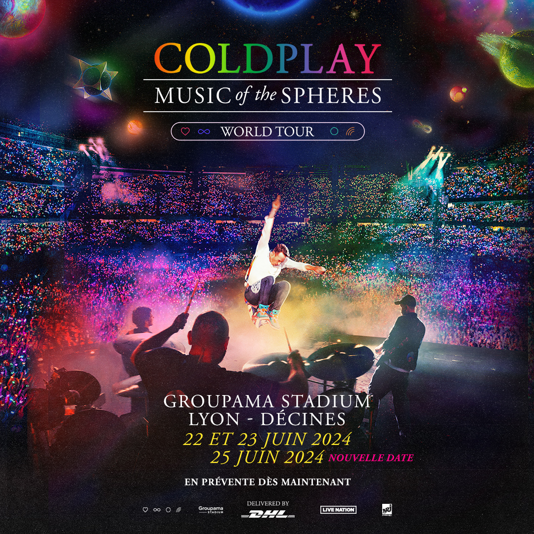 #CONCERT
Face à la demande phénoménale, Coldplay ajoute une 3ème date le 25 juin 2024 à sa tournée Music Of The Spheres World Tour, au <a href="/GroupamaStadium/">Groupama Stadium</a> à Lyon – Décines !