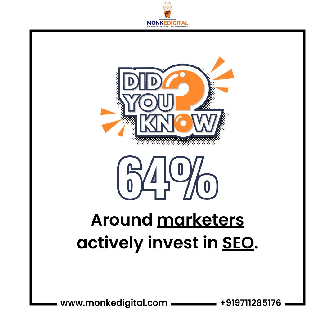 💡 Did you know? Around 64% of marketers actively invest in SEO to boost their online presence and reach! 🚀 
.
.
.
#Monkedigital #SEOStrategy #DigitalMarketing #MarketingInsights #OnlineVisibility #SmartMarketing #MarketingSecrets #DigitalGrowth #MarketingPowerhouse #SEOBoost
