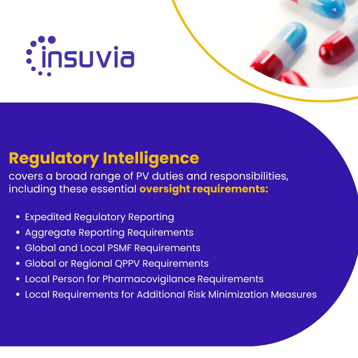 Insuvia's tweet image. Pharmacovigilance #RegulatoryIntelligence plays a vital role in the healthcare industry. It involves gathering, summarizing, and interpreting regulatory information of #pharmacovigilance requirements.