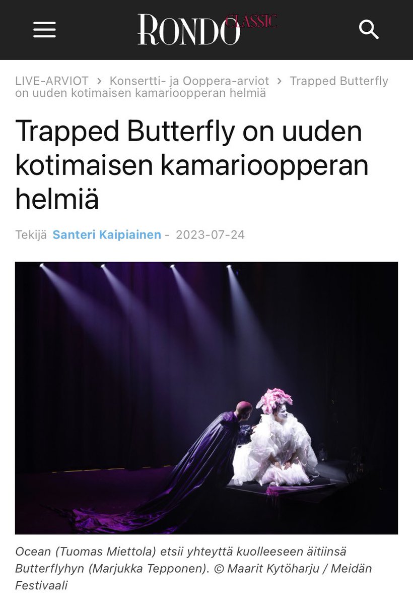 "Sanotaan olennainen heti alkuun: Kuhmon Kamarimusiikin, Meidän Festivaalin ja Rauma Festivon satsaus on kannattanut, sillä musiikkijuhlien yhteistilauksena täksi kesäksi syntynyt kamariooppera Trapped Butterfly on todella hyvä." <a href="/tdjupsjo/">tomas djupsjöbacka</a> #rauma 
rondo.fi/live-arviot/ko…
