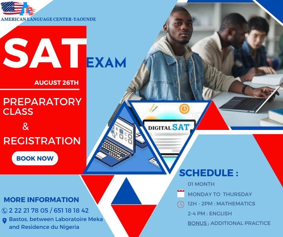 AlcYaounde's tweet photo. 📣#SAT EXAM August 26th !!!
Preparatory Class &amp; Registration

More information :
📳 2 22 21 78 05 / 651 18 18 42
📍Bastos, between Laboratoire Meka and Résidence du Nigéria https://t.co/qerP5DFnhQ