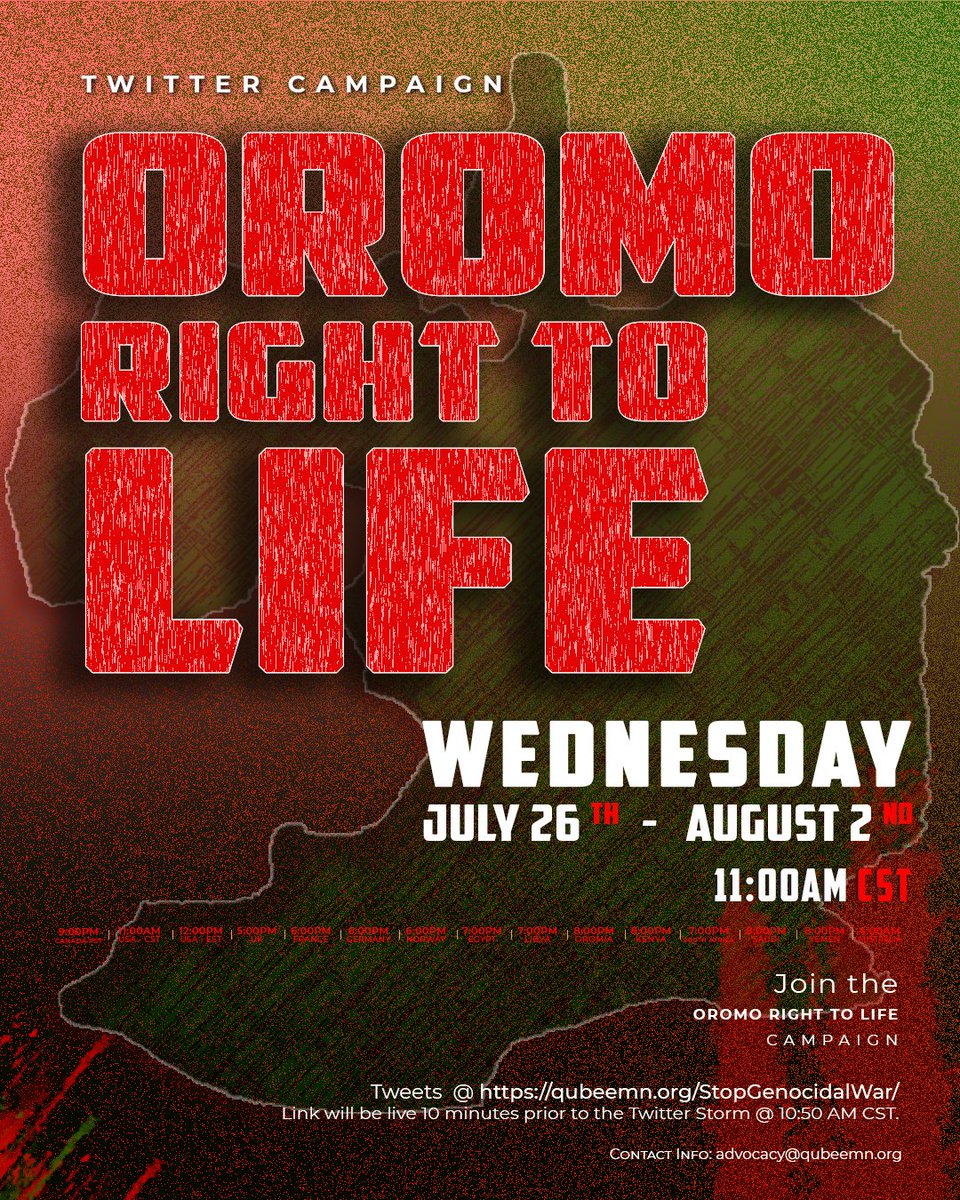 QubeeMN's tweet photo. #OromoTwitterCampaign
📍...be a Voice for the Voiceless!

📢 OROMO RIGHT TO LIFE.
🏁Starts on Wednesday, @ 11AM CST
🗓 JULY 26, 2023 - AUGUST 2, 2023 

#OromoRight2Life
#EndOromoSufferings
#OromoVoice
#JUSTICE4OROMIA

Tweets link👇🏿
https://t.co/W5vyadilFn https://t.co/2JB6hHBWV1