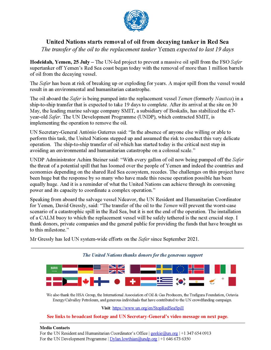 UNinYE's tweet image. The UN-led project to prevent a massive oil spill from the #FSOSafer supertanker off Yemen’s Red Sea coast began today with the removal of more than 1 million barrels of oil from the decaying vessel.
Read the Press Release: 
bit.ly/3pWntbB