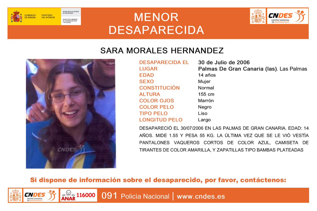 17 AÑOS SIN SARA MORALES
En la tarde del 30 de julio de 2006 Sara salió de su casa en #LasPalmas de Gran Canaria y se le perdió la pista. Se dirigía al centro comercial de la Ballena a un km y medio de su domicilio.
Tenía entonces 14 años
Continúa desaparecida
#NolaOlvidamos