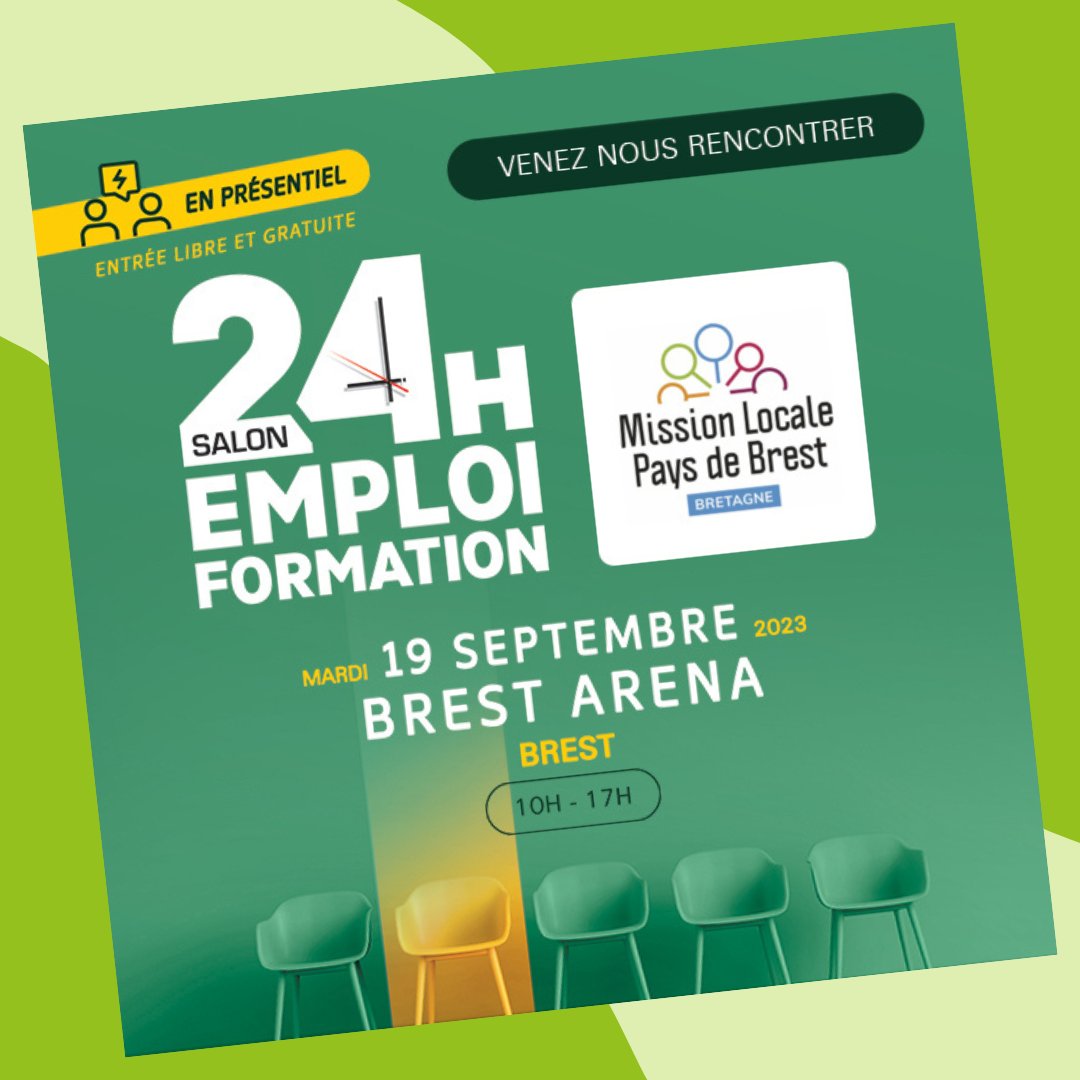 [24h EMPLOI FORMATION] 

Le salon 24h emploi et formation vous ouvre ses portes le mardi 19 septembre 2023 à Brest ARENA de 10h à 17h

#emploi #formation #missionlocale #brest