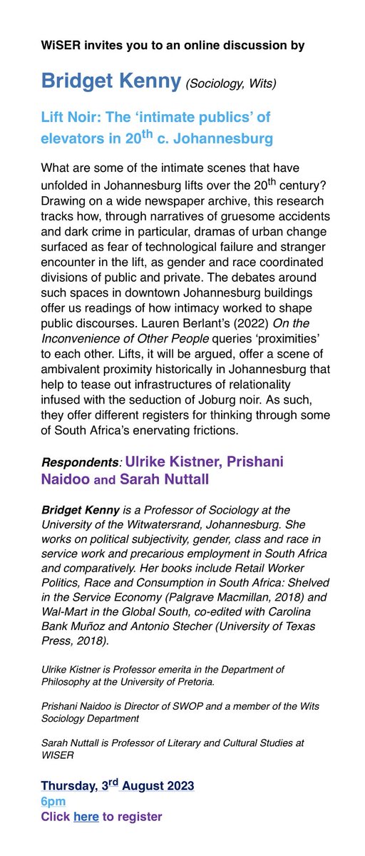 Online Event | Online Discussion with Bridget Kenny

Lift Noir: The ‘intimate publics’ of elevators in 20th c. Johannesburg

🗓️ Thursday, 3rd August 2023
🕕 6 pm
🔗 Zoom Link: surl.li/jktcv