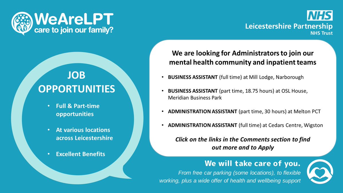 PART TIME AND FULL TIME ADMIN JOB OPPORTUNITIES LOCALLY at <a href="/LPTnhs/">Leicestershire Partnership NHS Trust</a> :
📷 Business Asst in NARBOROUGH-jobs.nhs.uk/candidate/joba…...
📷Admin Assts in WIGSTON &amp; MELTON -jobs.nhs.uk/candidate/joba…
📷Business Asst at MERIDIAN BUSINESS PARK -jobs.nhs.uk/candidate/joba…...