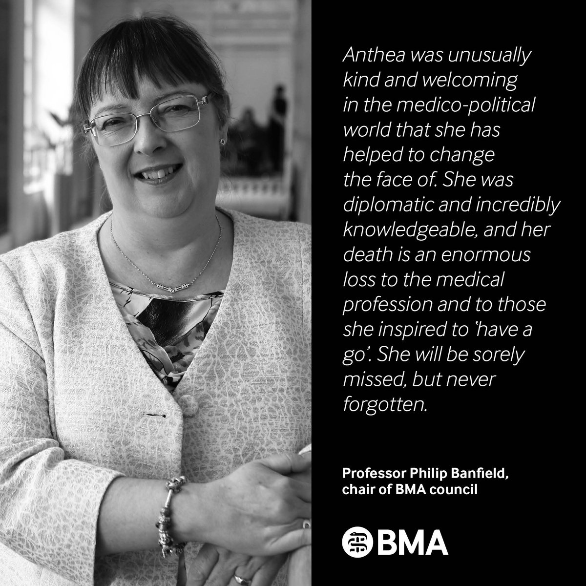 The BMA are incredibly saddened by the news of the passing of our former representative body chair, Dr Anthea Mowat. Our council chair <a href="/DrPhilBanfield/">Philip Banfield 💙</a> pays tribute to Anthea and we express our deepest condolences to her family. bma.org.uk/bma-media-cent…