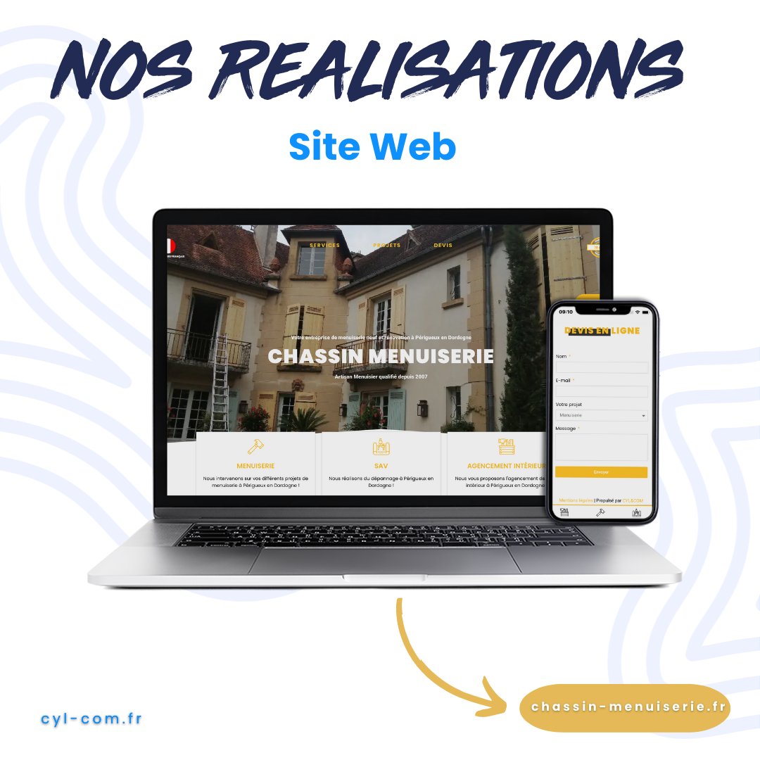 CYL_COM's tweet photo. {RÉALISATION CYL&amp;COM}

Nous avons accompagné Chassin Menuiserie pour la réalisation de son site internet ! 💻

À partir de 45,99€ HT/mois pendant 24 mois !*

*évoluable suivant les options souhaitées 

Notre équipe vous accompagne ! 📩 contact@cyl-com.fr https://t.co/EpkP9Gh0er
