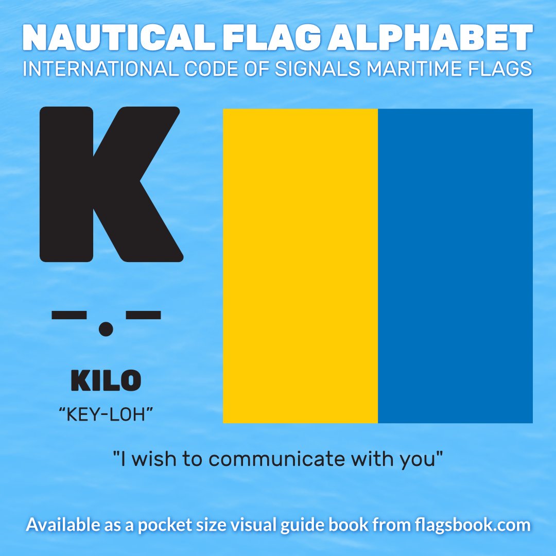 A-Z of International Code of Signals Flags

K
- . -
KILO
“KEY-LOH”
'I wish to communicate with you'

#Signalflags #Nauticalflags  #motorboat #Coastguard #Mariner #maritime #Nautical #merchantnavy #instaship #lifeatsea #seaman #seagirl #seafarer #shipspotter #Mariners #Seamanlife