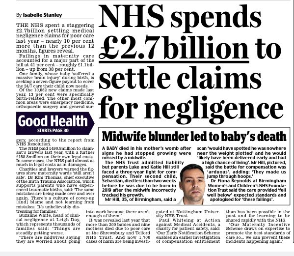 The NHS spent billions settling claims for poor care last year with the bill continuing to climb. Ongoing failings in maternity care are devastating for families and costly, with babies left needing lifelong care. @BirthTrauma