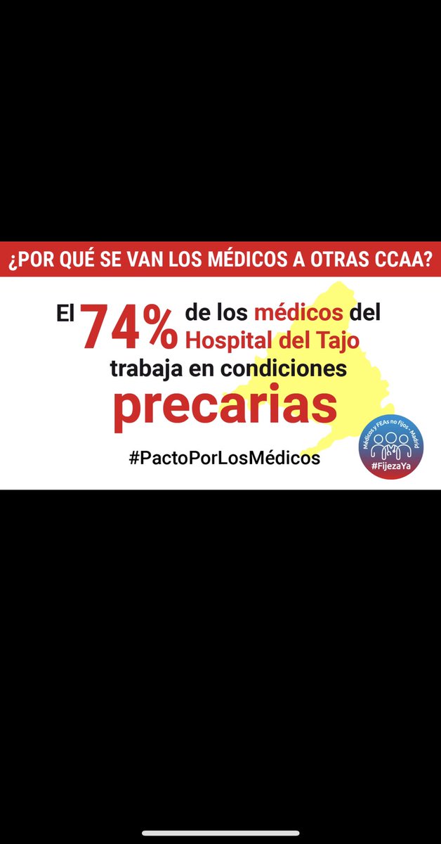 MedicosComoTu's tweet photo. @SaludMadrid ¿Saben los madrileños que el 74% de los facultativos especialistas de el Hospital del Tajo trabajan en condiciones precarias en abuso de temporalidad y aún así están presentes en los foros científicos más importantes del país? @f_fatimamatute es hora de poner fin a esto #FijezaYa https://t.co/Jc1ySTwwWU