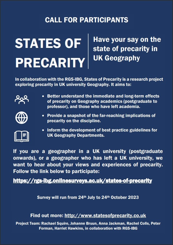 Are you a geographer currently or previously affiliated with a UK university? We want to hear your views and experiences of precarity. Have your say 👉 orlo.uk/3xYaL Project team: @SquireRachael @rachelcolls @Ahjackman @PeterjForman1 @JohanneMBruun @HarrietGeogArt.