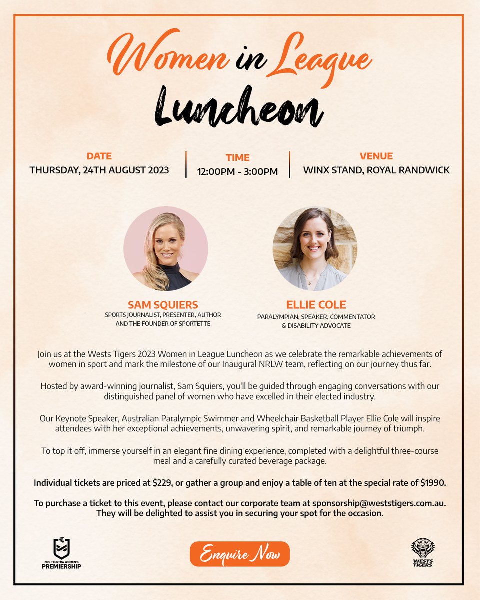 Join us at the Wests Tigers 2023 Women in League Luncheon as we celebrate the remarkable achievements of women in sport and mark the milestone of our Inaugural NRLW team, reflecting on our journey thus far. Enquire now - bit.ly/44QtuFg #weststigers #NRLW