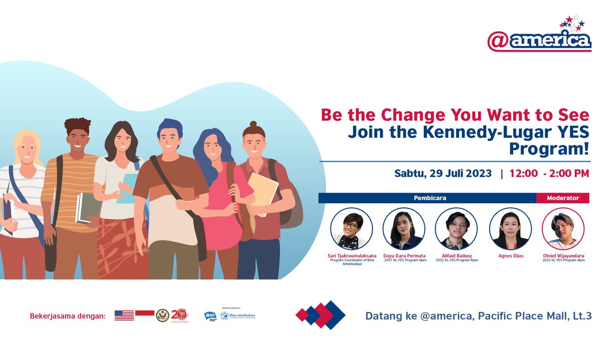 Yuk gabung untuk mendengar pengalaman alumni program pertukaran Youth Exchange and Study (YES) dari Indonesia dan perwakilan dari AFS Indonesia. Bermimpilah besar, jelajahi, dan buat perubahan dengan YES!

 📅 29/7/2023
🕒 12:00 - 14:00

#EngageforChange #YESAlumni