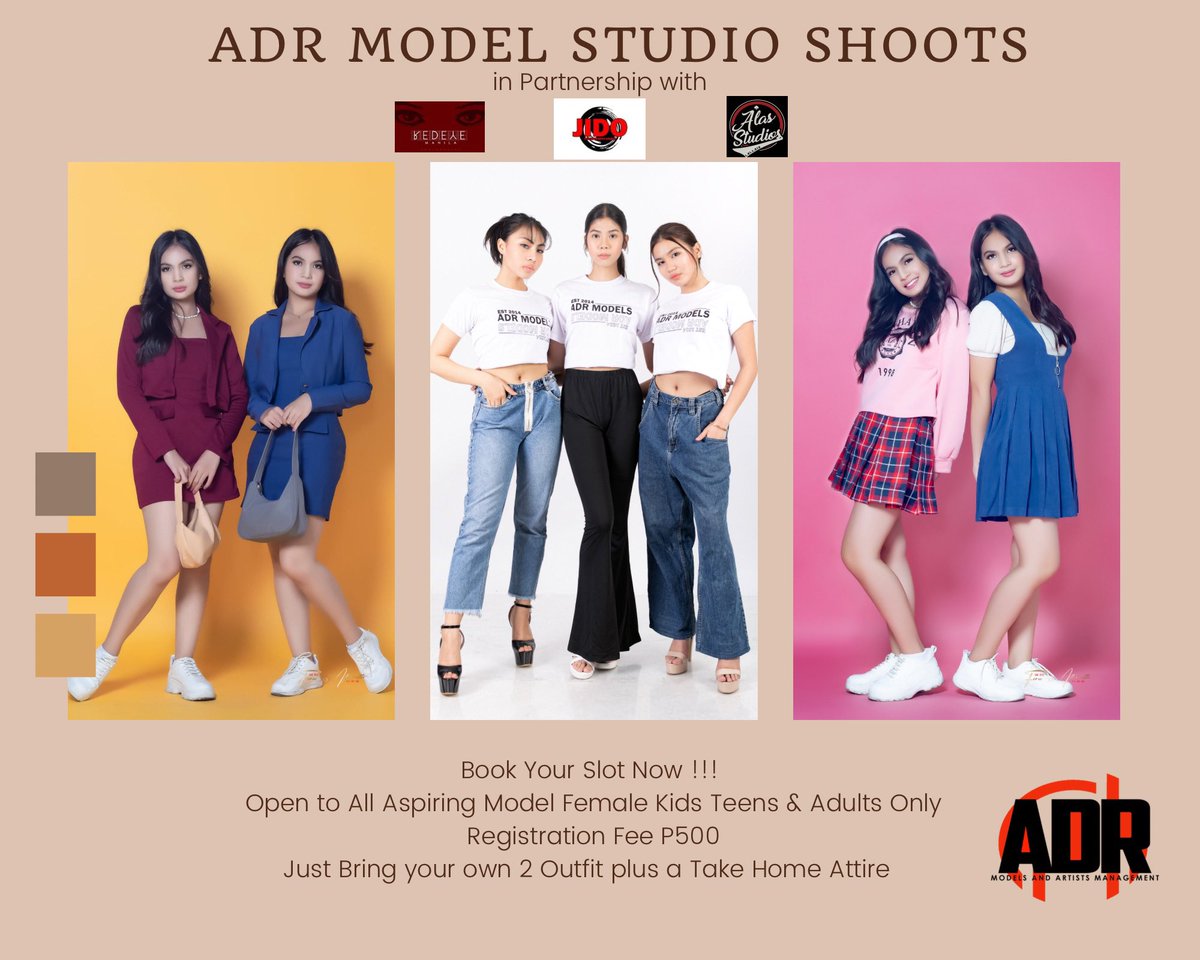 ADRModelsPH's tweet image. ADR Model Studio Shoots at Quezon City| Caloocan | Mandaluyong 

Open Female Kids Teens &amp;amp; Adults only
with Registration Fee 

Just bring your own 2 Outfit 
Plus Take Home Attire 

Interested to Join Send us a Message Now !!!