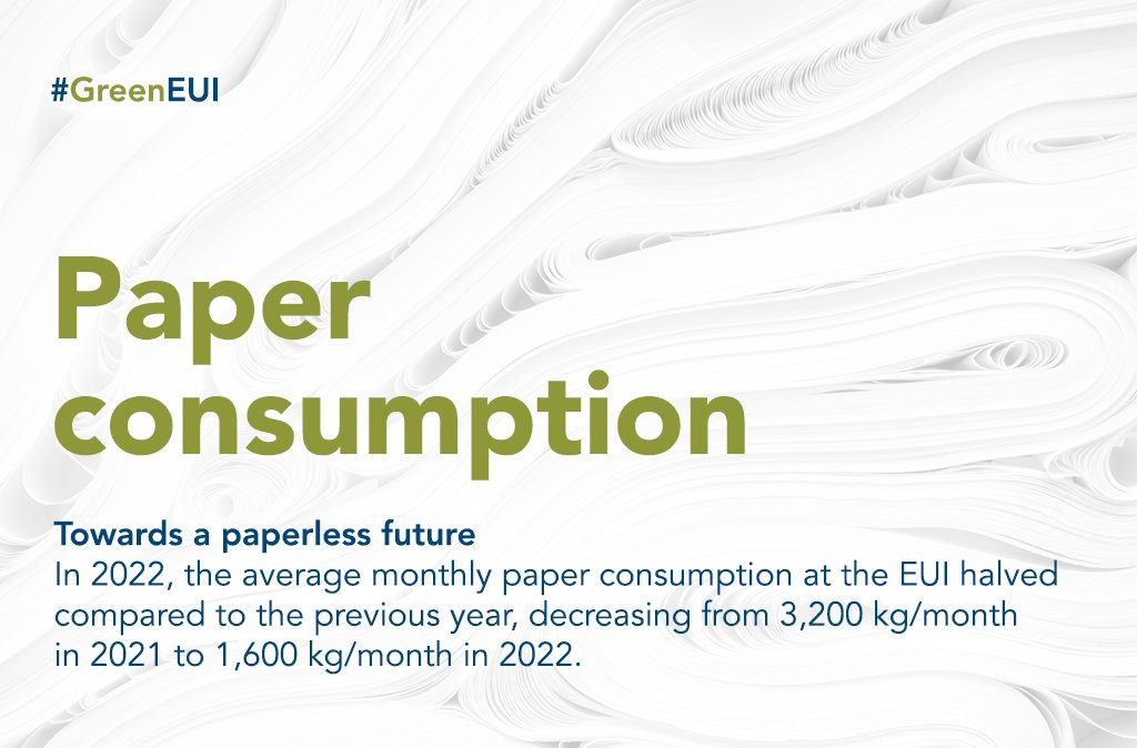 EUI_EU's tweet image. 🌱 The EUI is on a mission to reduce paper consumption! #GreenEUI

In 2022, the average monthly paper consumption at the EUI halved compared to 2021.

Let's work together towards a paperless future! 🌍
