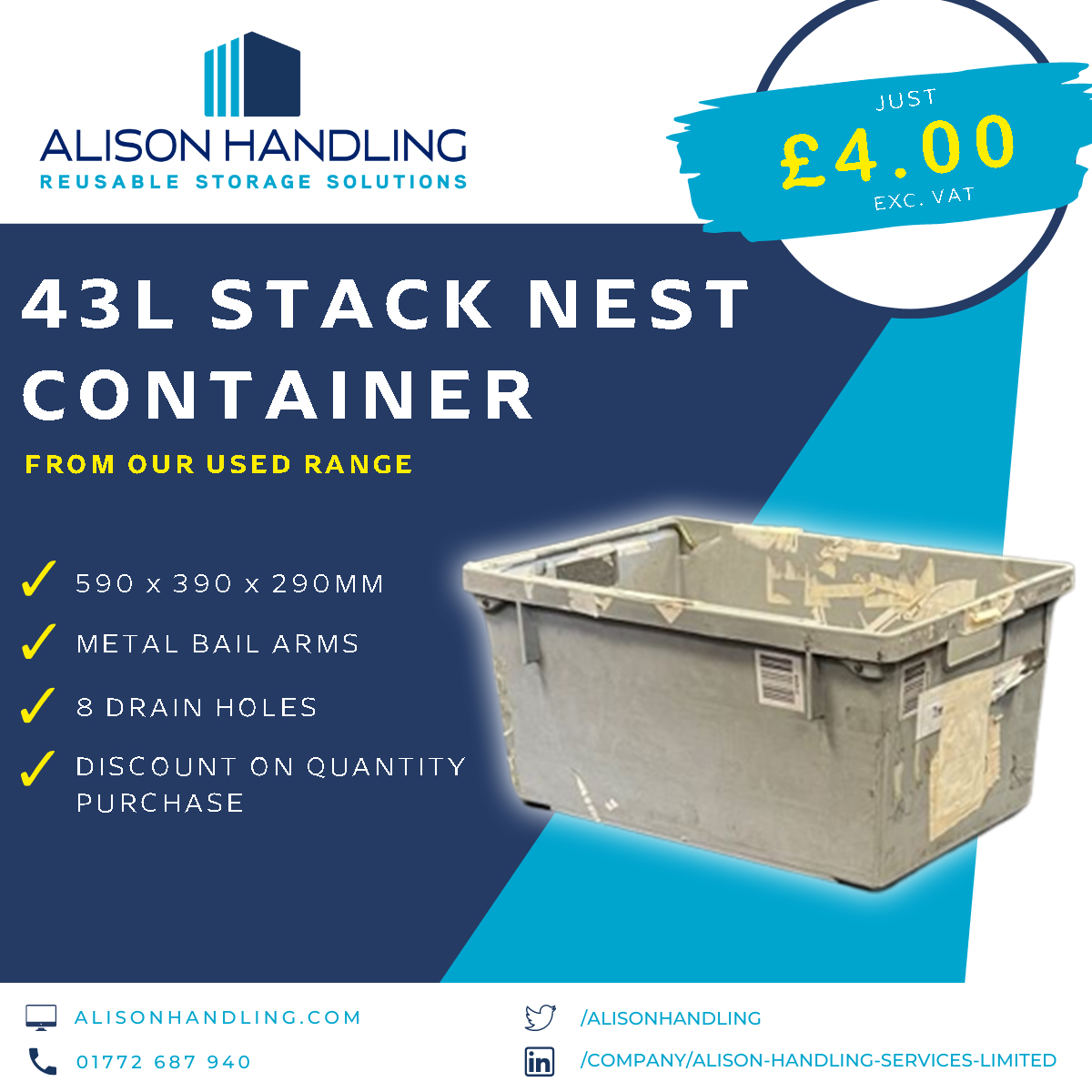 AlisonHandling's tweet image. Looking for an incredible deal? Why buy new when you can opt for used and save big? 💸

Check out our 43L Stack Nest Containers!

They can be yours for just £4.00 per unit!

📞 Call 01772 687940

Seize this amazing deal today!

#UsedContainers #WarehouseOperations #Sustainability