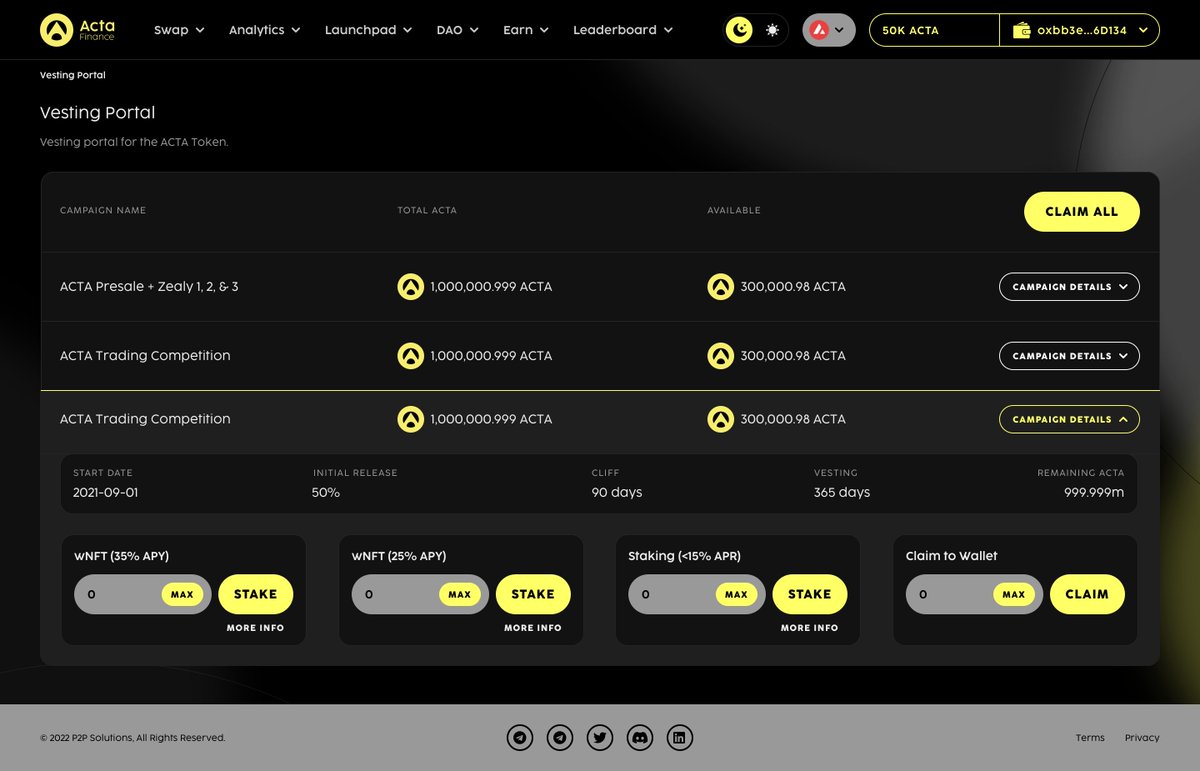 ActaFi Vesting Portal v2 - Update

The ActaFi Vesting portal v2 will go live on Tuesday, August 2nd.

The upgrade allows a single wallet address to have multiple vesting schedules!

#ActaNonVerba #ActaFi #Launchpad #DeFi #dex #Airdrops