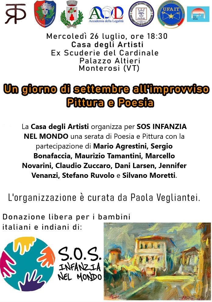 Ci vediamo domani a #Monterosi  per questo evento solidale in sostegno di #SOSInfanzianelMondo.

'Un giorno di settembre all'improvviso - #Pittura e #Poesia'.

Vi aspettiamo. 🙏❤️

@PaolaVegliantei 

#onlus #beneficenza #arte #bambini #unitisivince