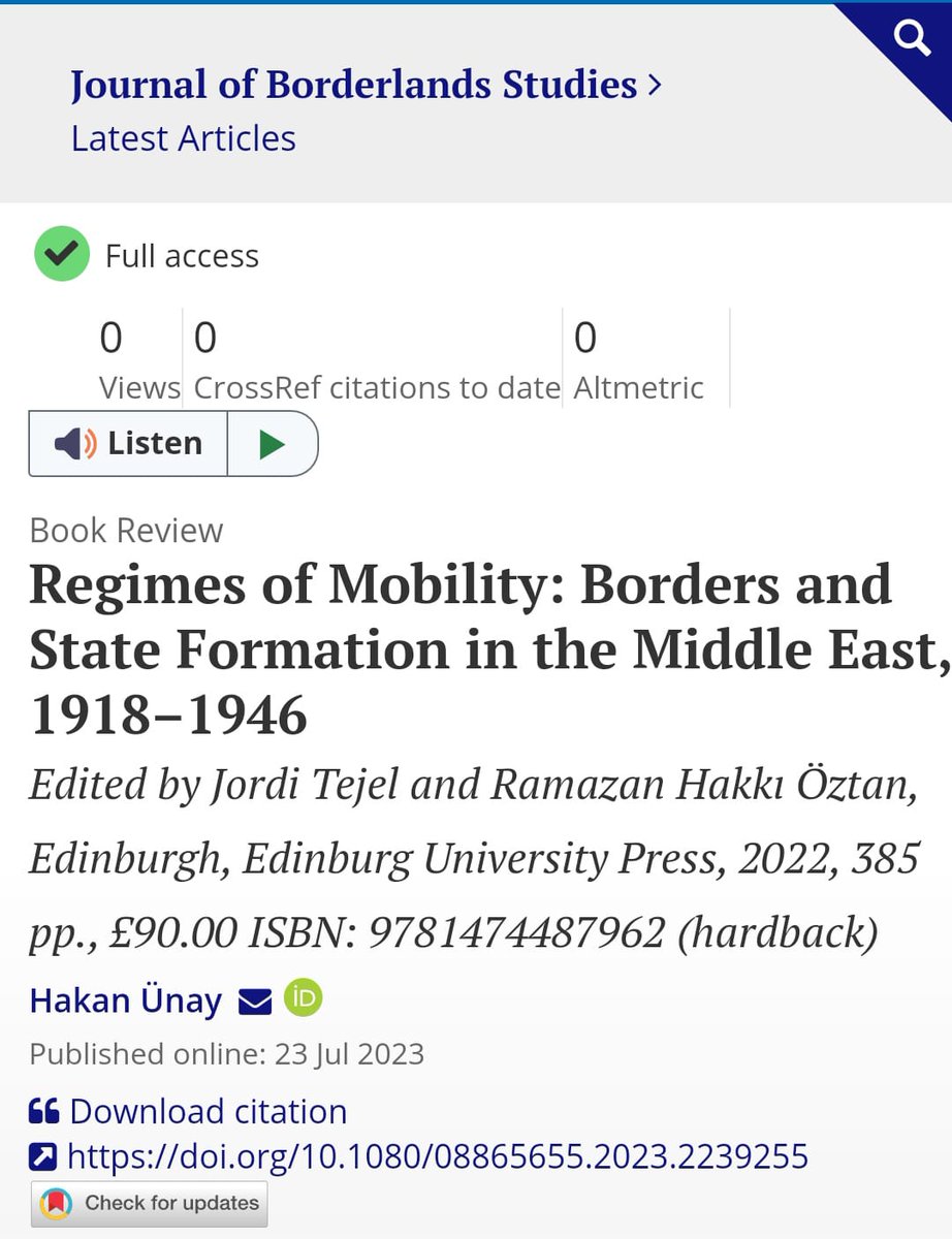 Border Studies (@borderstudiess) on Twitter photo I am thrilled to announce that my book review of 'Regimes of Mobility: Borders and State Formation in the Middle East, 1918-1946' (edited by Jordi Tejel and <a href="/rhoztan/">Ramazan Hakkı Öztan</a>) was published in <a href="/jborderstudies/">Journal of Borderlands Studies</a>.
🔎 tandfonline.com/eprint/8RQ5BUB… I am thrilled to announce that my book review of 'Regimes of Mobility: Borders and State Formation in the Middle East, 1918-1946' (edited by Jordi Tejel and <a href="/rhoztan/">Ramazan Hakkı Öztan</a>) was published in <a href="/jborderstudies/">Journal of Borderlands Studies</a>.
🔎 tandfonline.com/eprint/8RQ5BUB…
