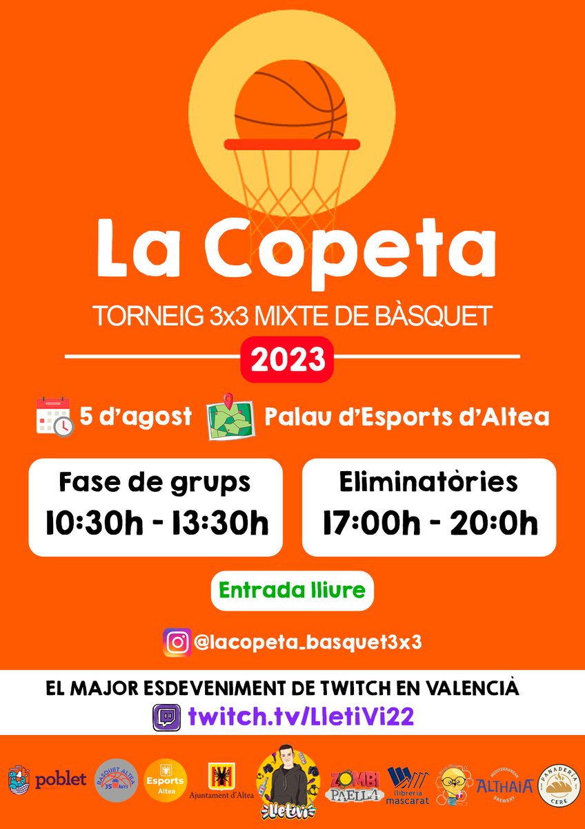 🏀La Copeta es celebra el pròxim 5 d'agost!

👉El major esdeveniment de Twitch en valencià, gratuït, presencial en Altea, tot un dia de bàsquet, bon rotllo i diversió

❤️Molts esforços i molta gent implicada en fer-ho possible. Vos esperem🥰