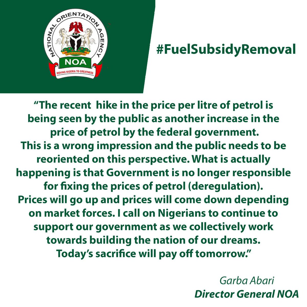 Contrary to public opinion, the government is no longer responsible for fixing prices of petrol since the removal of Subsidy. Thus, instead of antagonising the government we should support the government in building a better Nigeria. #fuelsubsidyremoval #fuelpriceincrease