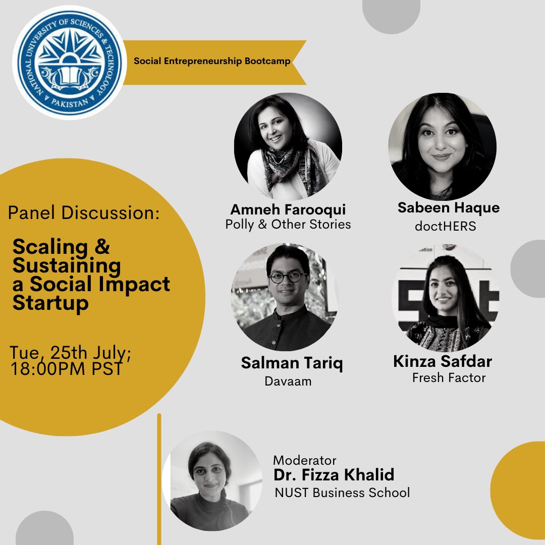 doctHERs's tweet photo. Super excited about this panel discussion on Scaling and Sustaining a Social Impact Startup for Social Entrepreneurship Bootcamp’23 at National University of Sciences and Technology (NUST) that our Cofounder Säbeen Fatima Haque will be part of. #doctHERs
#SocialEntrepreneurship https://t.co/cB98DqwVND