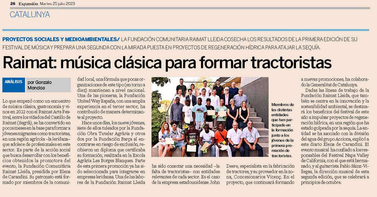 @expansioncom 'Raimat: música clásica para formar tractoristas' 
@FCRaimatLleida y #RaimatArtsFestival, Arte e #ImpactoSocial desde #Lleida
#Medioambiente 
#Sostenibilidad
#Formacion
#MonRural