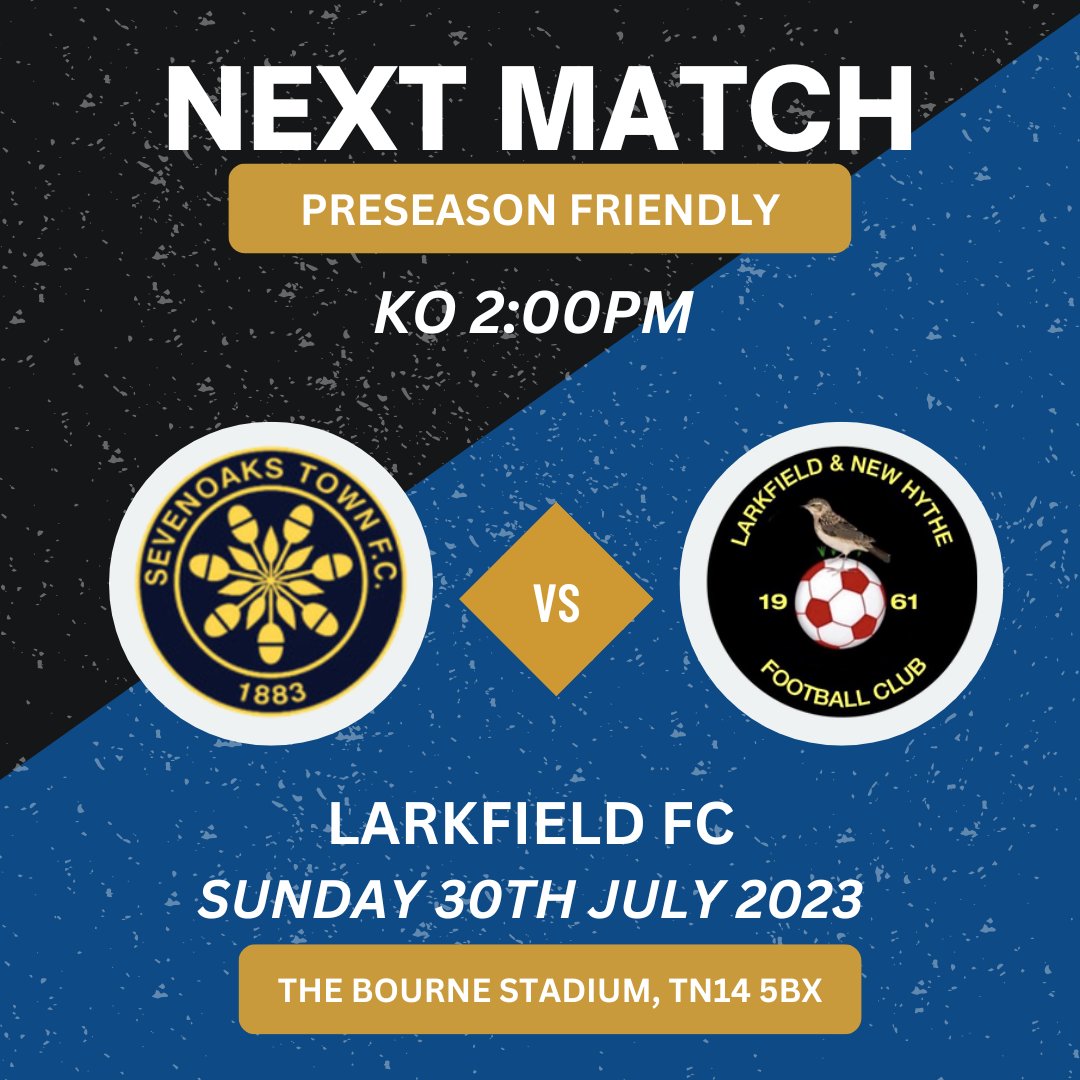 NEXT UP!

We continue our preseason friendlies as we host <a href="/LarkfieldLadies/">Larkfield Ladies</a>! ⚽️

📅Sunday 30th July
⏰2:00pm KO
📍The <a href="/Bourne_Sport/">Bourne Sport</a> Stadium, TN14 5BX

Come down to support the Oaks!

💙🖤| #UpTheOaks #STWFC #STFC <a href="/SevenoaksTownFC/">Sevenoaks Town FC</a> <a href="/WestKentSport/">West Kent Sports News</a>