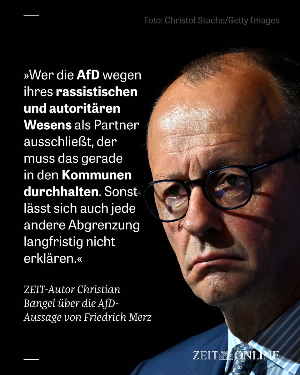 ZEIT ONLINE (@zeitonline) on Twitter photo Friedrich #Merz’ verunglückte AfD-Ansage ist nicht nur für die Union ein Desaster. Sie ist auch ein Schlag für die Demokratinnen in Kleinstädten und Dörfern, kommentiert <a href="/christianbangel/">Christian Bangel</a>: trib.al/ATLlXss Friedrich #Merz’ verunglückte AfD-Ansage ist nicht nur für die Union ein Desaster. Sie ist auch ein Schlag für die Demokratinnen in Kleinstädten und Dörfern, kommentiert <a href="/christianbangel/">Christian Bangel</a>: trib.al/ATLlXss