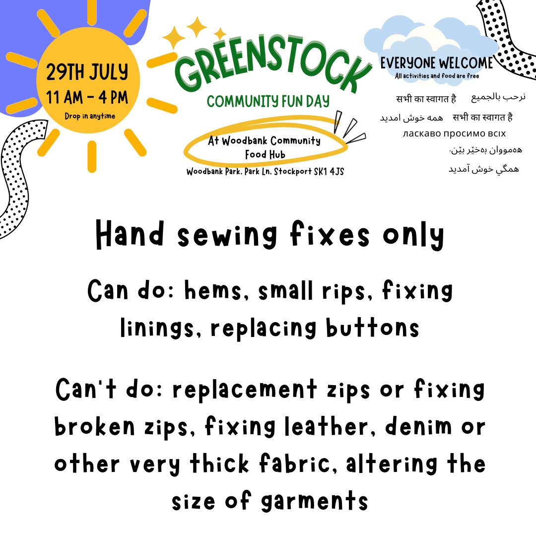 Today's activity....have a wardrobe sort to bring along some pre-loved clothes to swap or mend in our Pop Up Boutique #greenstock #communityfunday #stockport #thingstodoinstockport #whatsonstockport #popupboutique #swapshop #repair #reuse #loveyourclothes #swishing #makeandmend