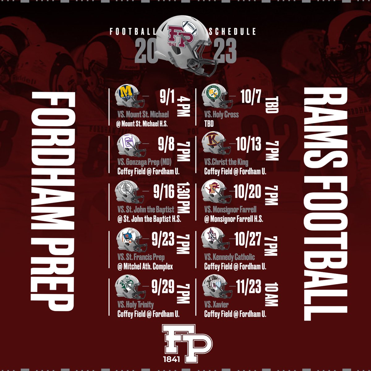The 2023 Fordham Prep Rams Football season is just around the corner. 🏈

Here is the official schedule for the     @fpramsfootball Varsity team. 

Go Rams!! 🐏🐏

#FPRams #AMDG #HomeOfChampions #NYCHSFL
