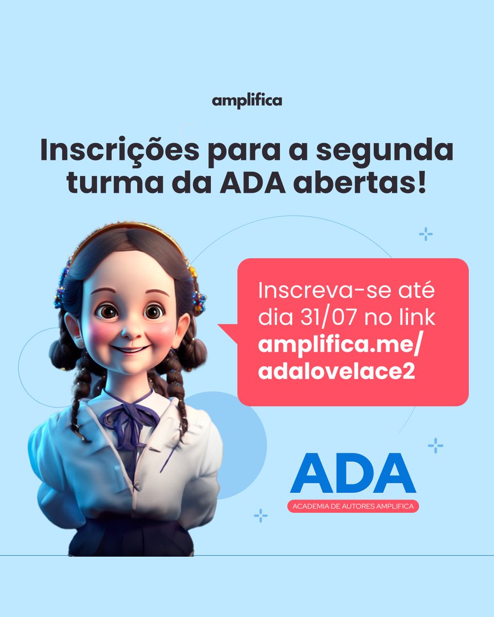 emos  o prazer em anunciar a seleção para a 2ª turma da ADA. Saiba mais sobre  a Academia de Autores Amplifica:  amplifica.me/a-academia-de-….  Inscreva-se até dia 31 de julho no link  amplifica.me/adalovelace2 

#amplificatododia #ADA #AdaLovers #AcademiadeAutores