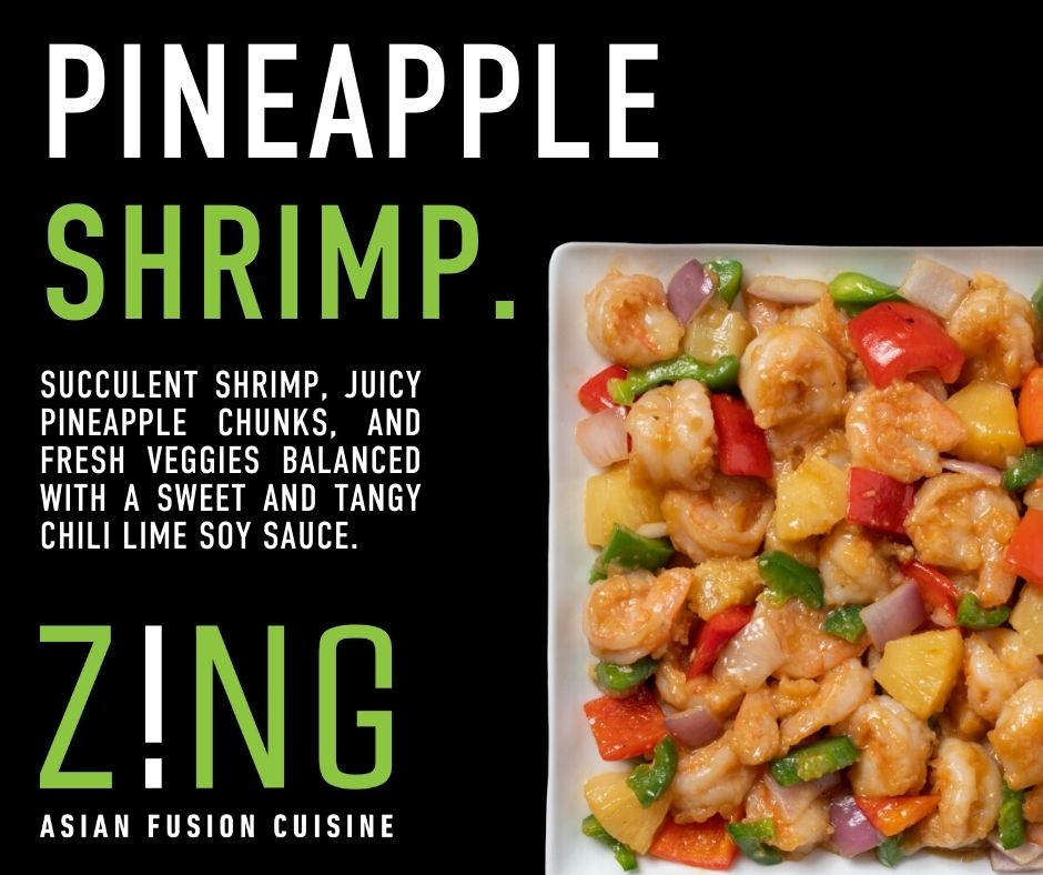Dive into summer with our all-time favorite: Pineapple Shrimp from Z!NG! 🍍🦐 #SupportLocal #ZING #AsianFusion #FortWayne