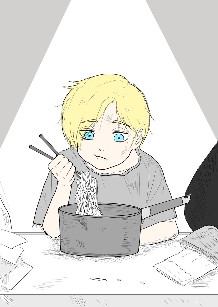 blonde hair blue eyes chopsticks aged down 1boy eating male focus  illustration images