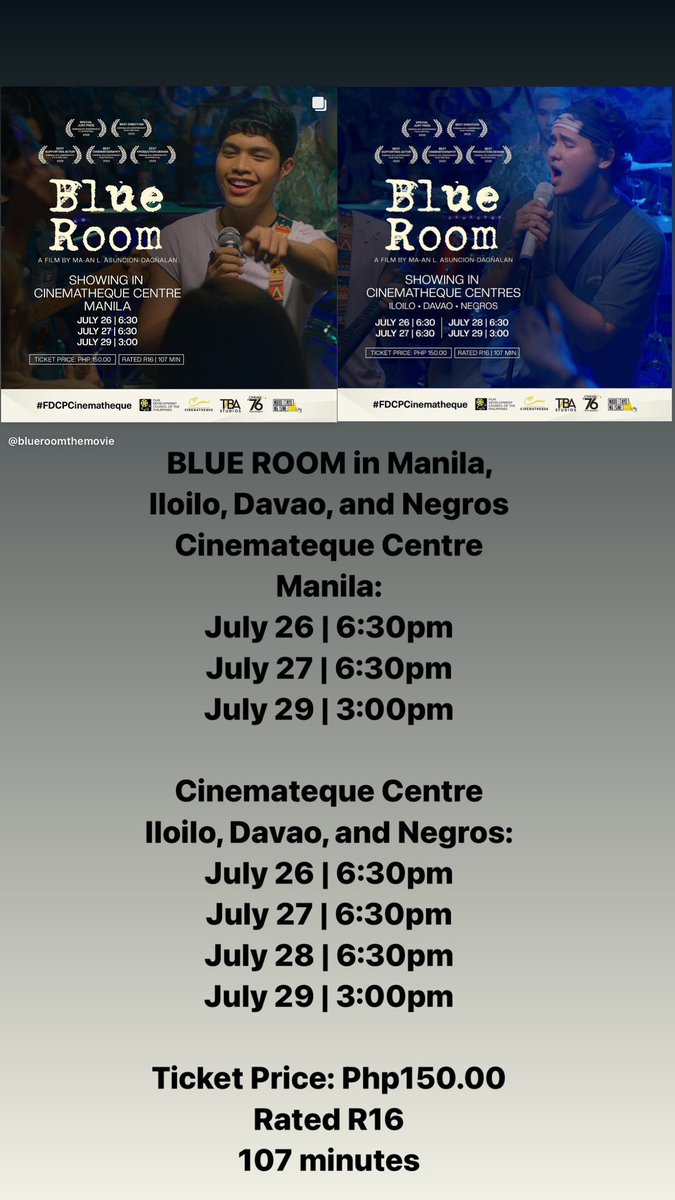 karloslabajo__'s tweet photo. BLUE ROOM showing 

Cinemateque Centre 
Manila:
July 26 | 6:30pm
July 27 | 6:30pm￼
July 29 | 3:00pm

Iloilo, Davao, &amp; Negros:
July 26 | 6:30pm
July 27 | 6:30pm
July 28 | 6:30pm
July 29 | 3:00pm 

Ticket: Php150.00
#juankarlos #elijahcanlas #harveybautista #nourijune #keonijin https://t.co/T3ax4JVY49